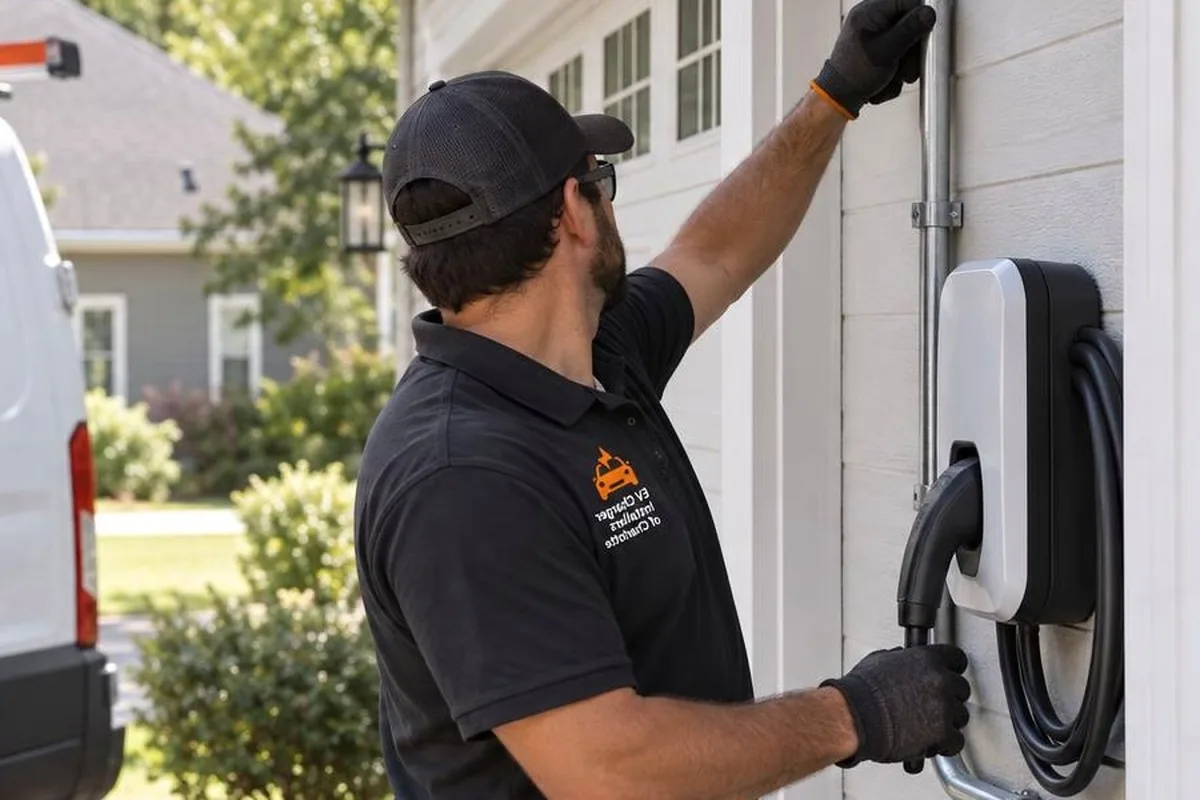 Electrician in gloves fitting a wall-mounted EV charger beside a white garage door