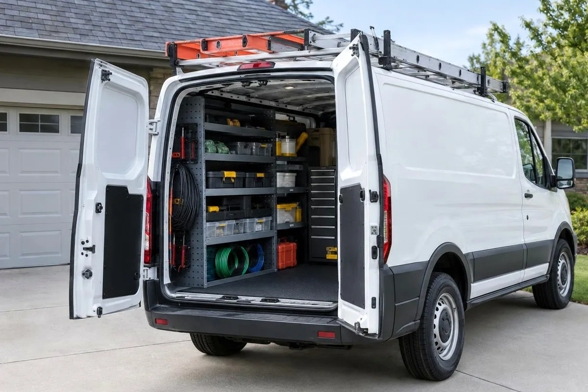 White work van with its rear doors open, showing shelves of tools and wire spools, parked in a driveway