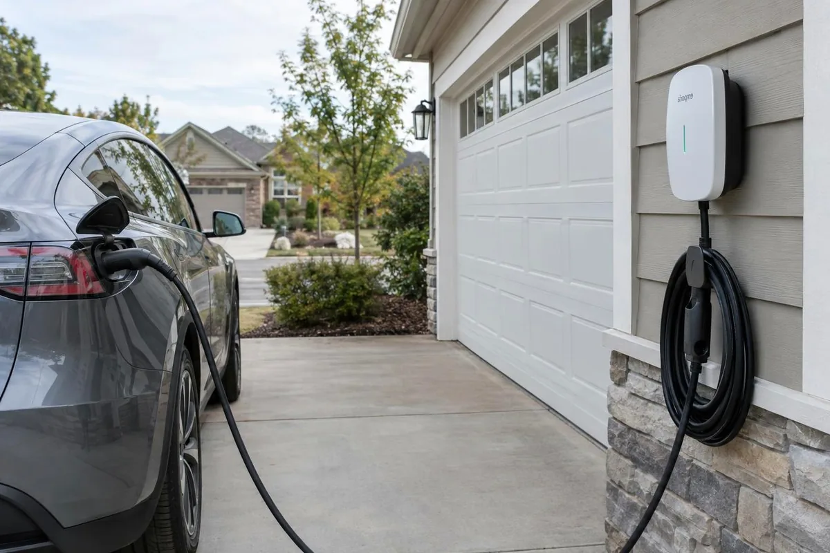 Wall-mounted EV charger on a garage wall with its cable coiled on the unit