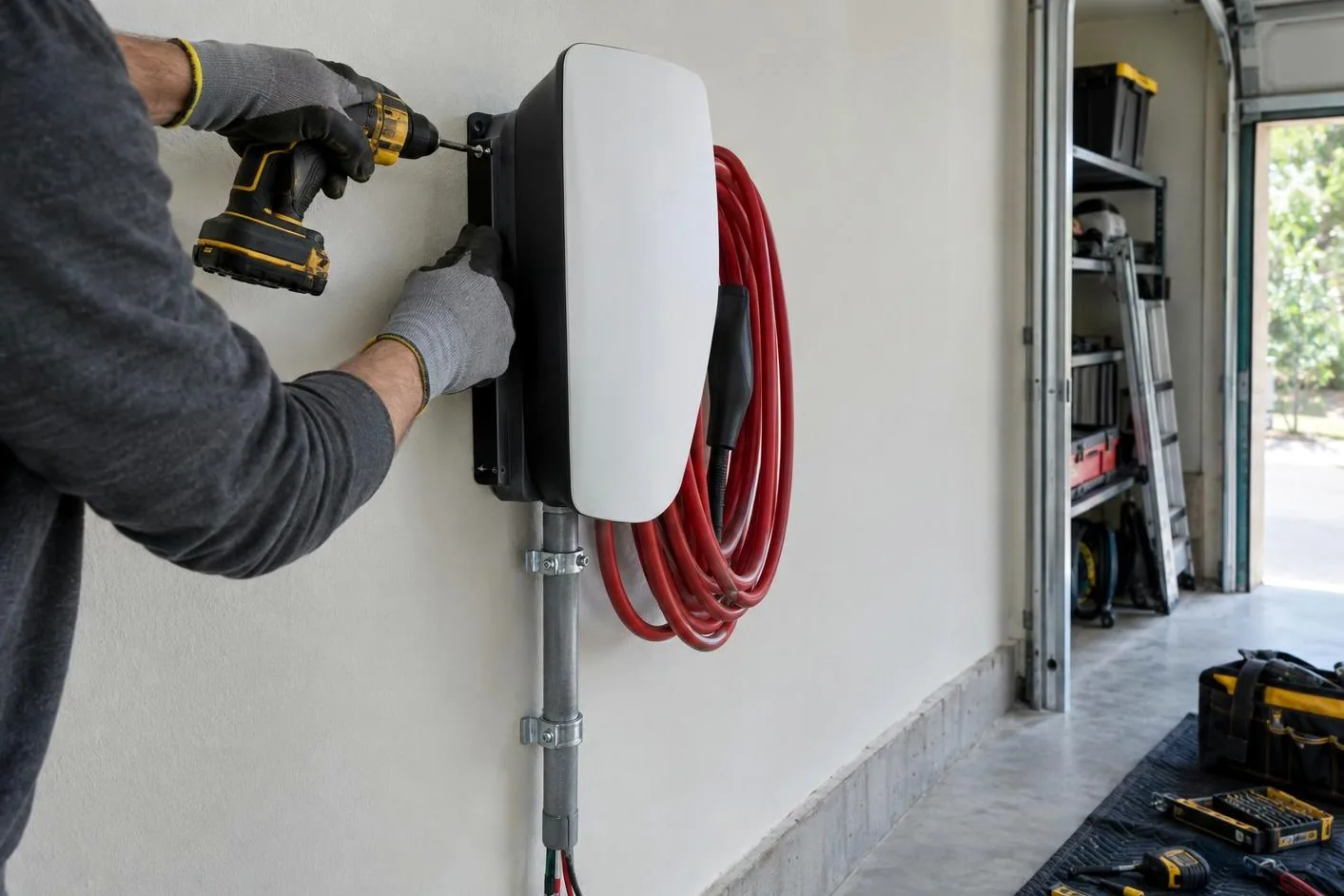 Gloved hand driving a screw into the mount of a white wall charger, with a red charging cable coiled beside it