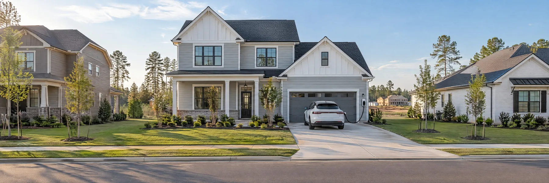 Gray two-story house in a newer neighborhood, with a white SUV in the driveway plugged into a charger on the garage wall